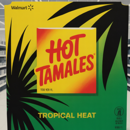 Bright packaging of Hot Tamales Tropical Heat candy on a retail shelf display