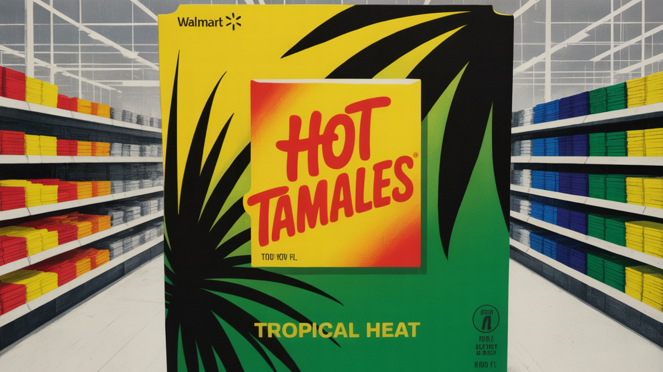 Bright packaging of Hot Tamales Tropical Heat candy on a retail shelf display