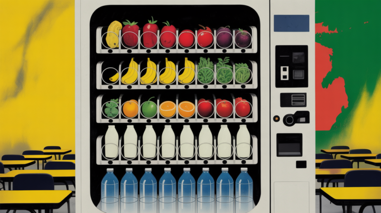 School cafeteria vending machine with candy and soda slots empty, replaced by fresh fruit and water bottles