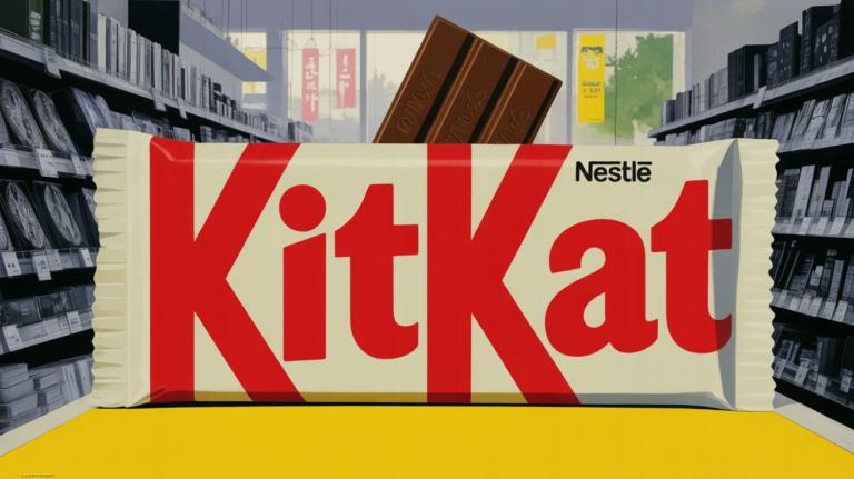 A KitKat chocolate bar with the Nestlé wordmark on the wrapper, on a Japanese convenience store shelf