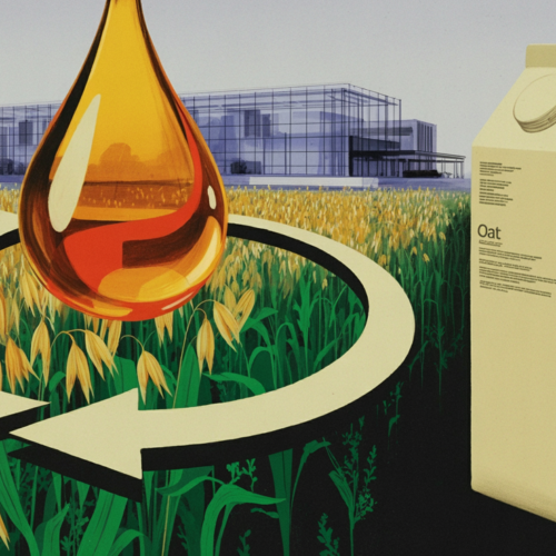 Amber droplet over an oat field with closed-loop arrow representing Oatly's urine-to-fertilizer nutrient recovery pilot