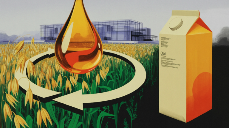 Amber droplet over an oat field with closed-loop arrow representing Oatly's urine-to-fertilizer nutrient recovery pilot