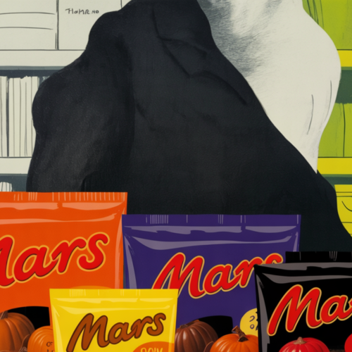 Large Halloween candy display featuring Mars variety bags and seasonal confectionery items