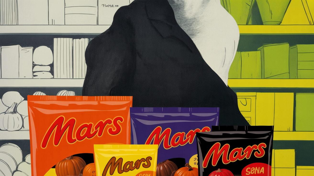 Large Halloween candy display featuring Mars variety bags and seasonal confectionery items