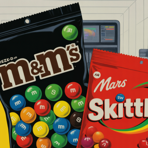 Freeze-dried M&Ms and swicy Skittles bags on a retail shelf display