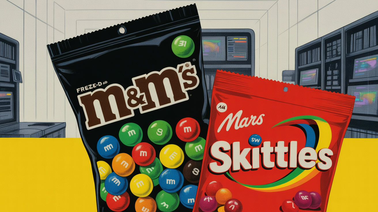 Freeze-dried M&Ms and swicy Skittles bags on a retail shelf display
