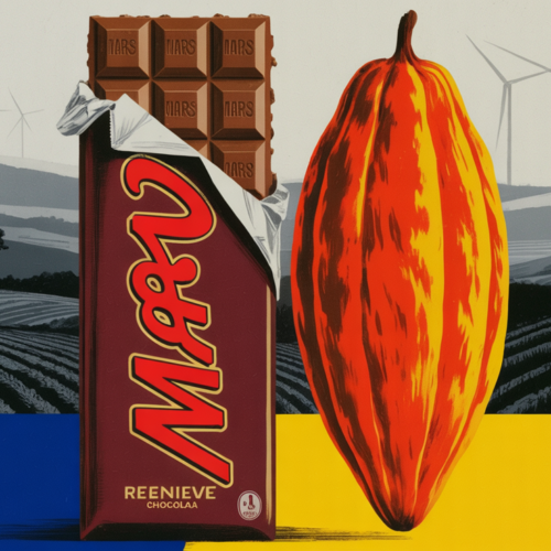 Mars snack products lined up alongside regenerative cocoa farming imagery in Ecuador