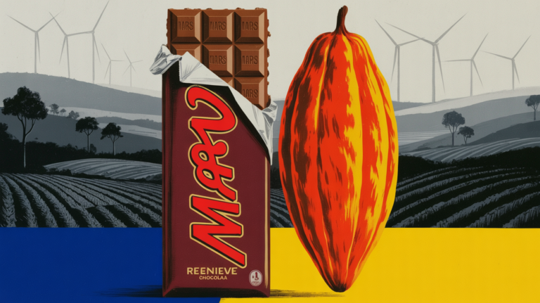 Mars snack products lined up alongside regenerative cocoa farming imagery in Ecuador