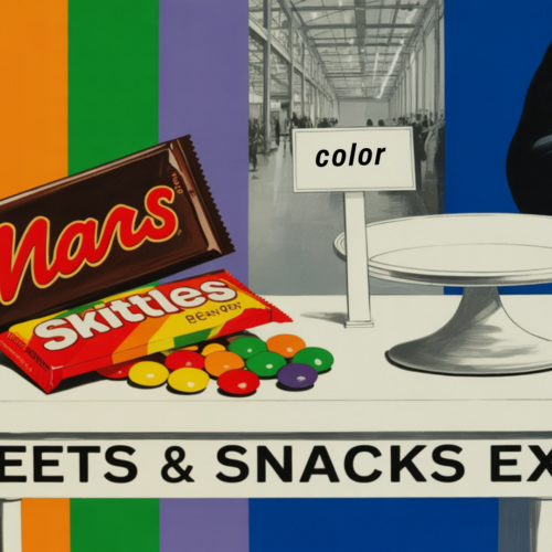 Mars chocolate bar and spilled Skittles on a Sweets & Snacks Expo booth table, beside an empty display stand with a small sign reading color, against a rainbow backdrop