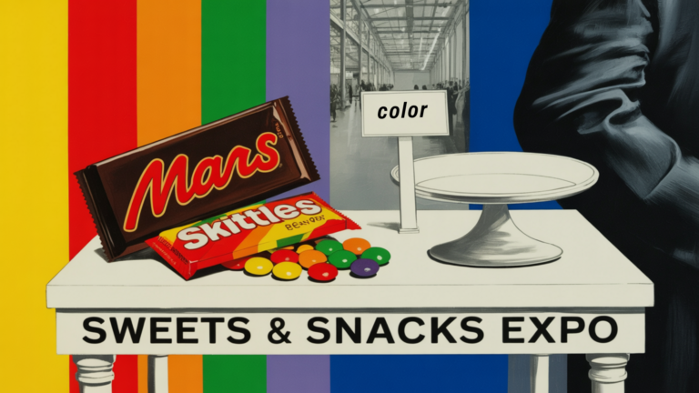 Mars chocolate bar and spilled Skittles on a Sweets & Snacks Expo booth table, beside an empty display stand with a small sign reading color, against a rainbow backdrop