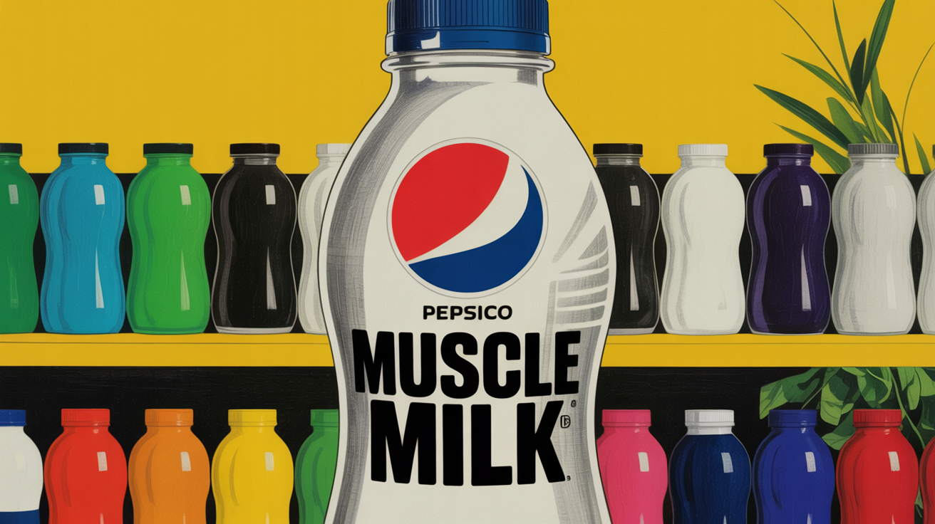 Reformulated Muscle Milk protein drink bottles on a retail shelf display.