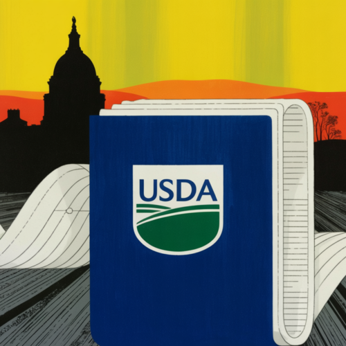 Capitol building with digital agriculture and AI data overlay representing USDA funding