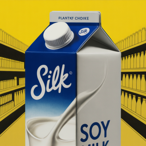 Silk protein soy milk carton alongside oat milk and coffee cup on counter