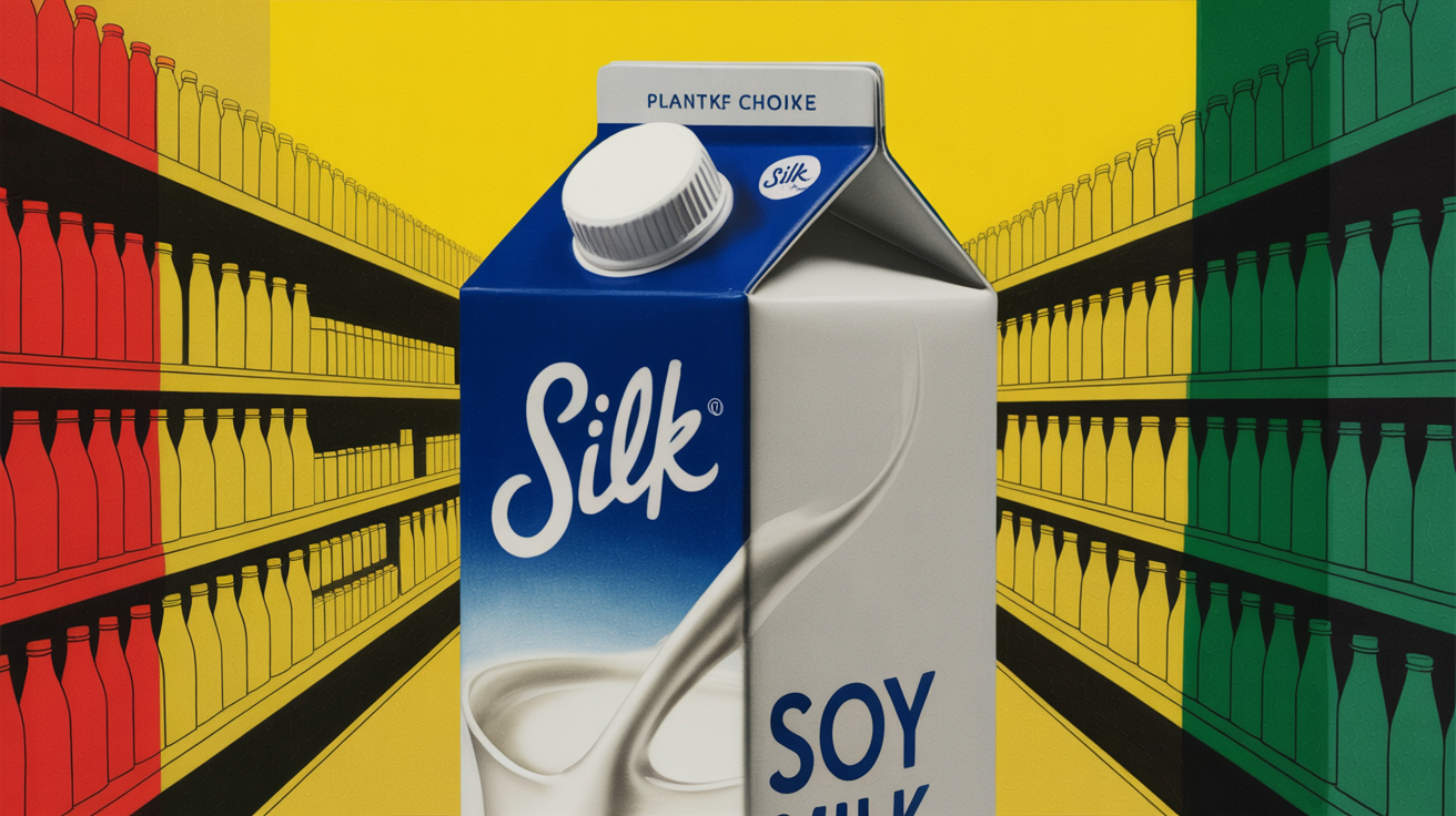Silk protein soy milk carton alongside oat milk and coffee cup on counter