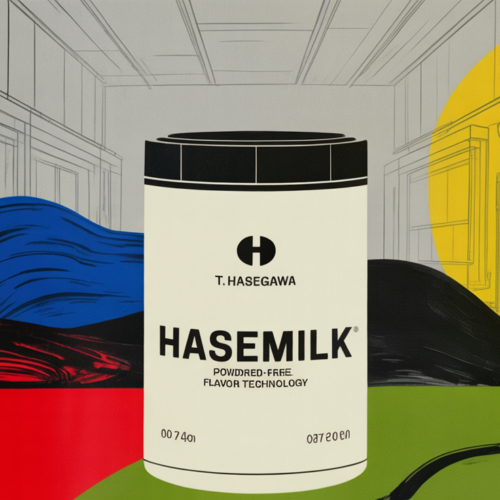 Powdered dairy-free flavor ingredient displayed alongside plant-based beverage products in a lab setting.