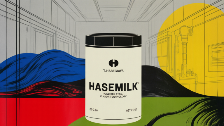 Powdered dairy-free flavor ingredient displayed alongside plant-based beverage products in a lab setting.