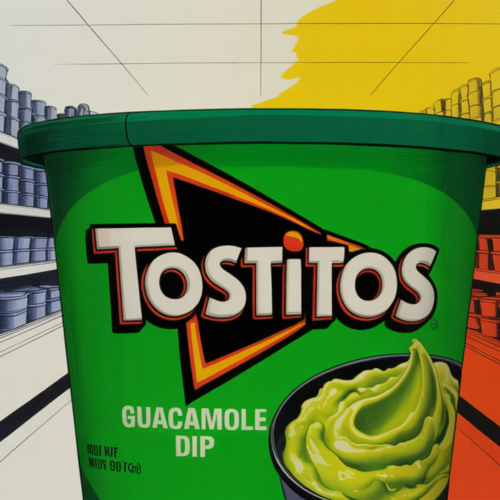Tostitos guacamole dip container displayed in a refrigerated grocery aisle