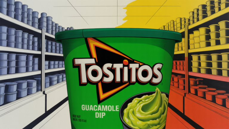 Tostitos guacamole dip container displayed in a refrigerated grocery aisle