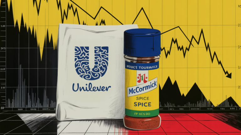 Unilever and McCormick product lines side by side representing a contested $40 billion merger deal
