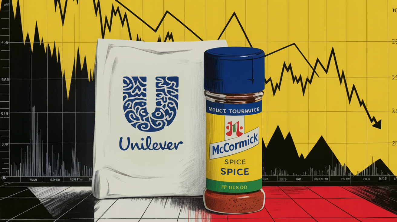 Unilever and McCormick product lines side by side representing a contested $40 billion merger deal