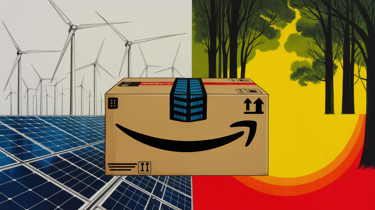 Wind turbines and solar panels powering a green industrial food facility in the UK