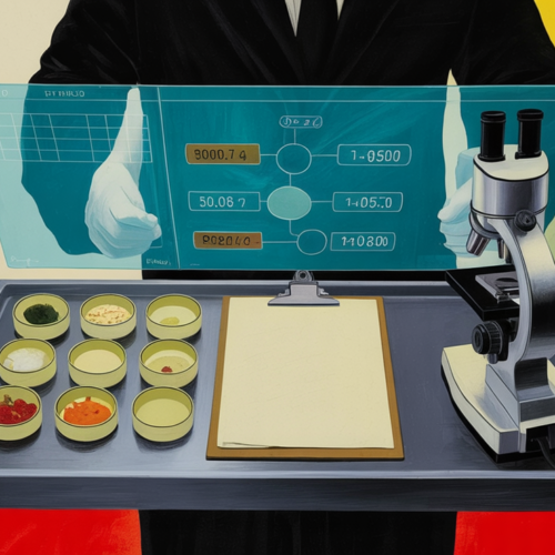 Food safety inspector POV with AI dashboard overlay scanning food samples