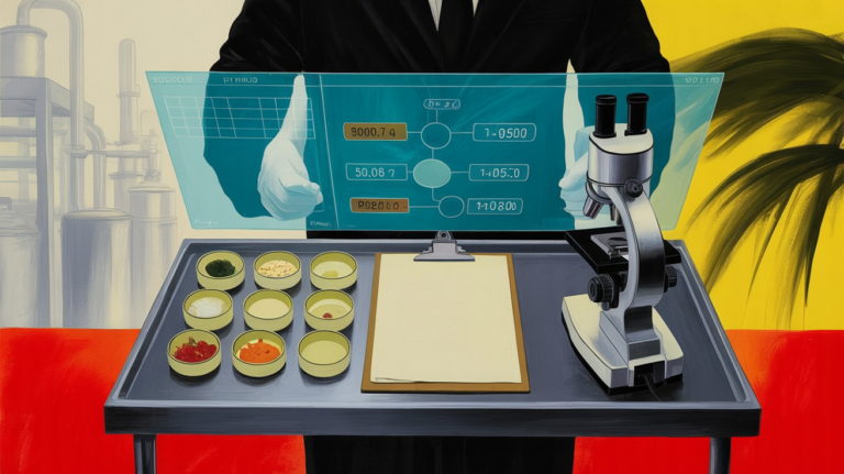 Food safety inspector POV with AI dashboard overlay scanning food samples