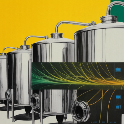 A row of stainless-steel fermentation tanks wrapped in a glowing AI data overlay, an AI-enabled precision fermentation platform