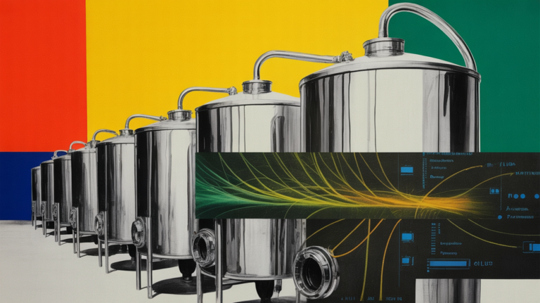 A row of stainless-steel fermentation tanks wrapped in a glowing AI data overlay, an AI-enabled precision fermentation platform