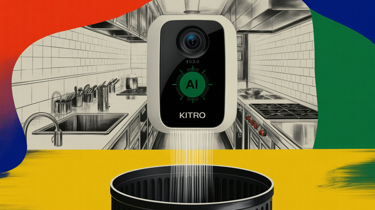 AI-powered scale and camera unit measuring kitchen food waste in a commercial kitchen