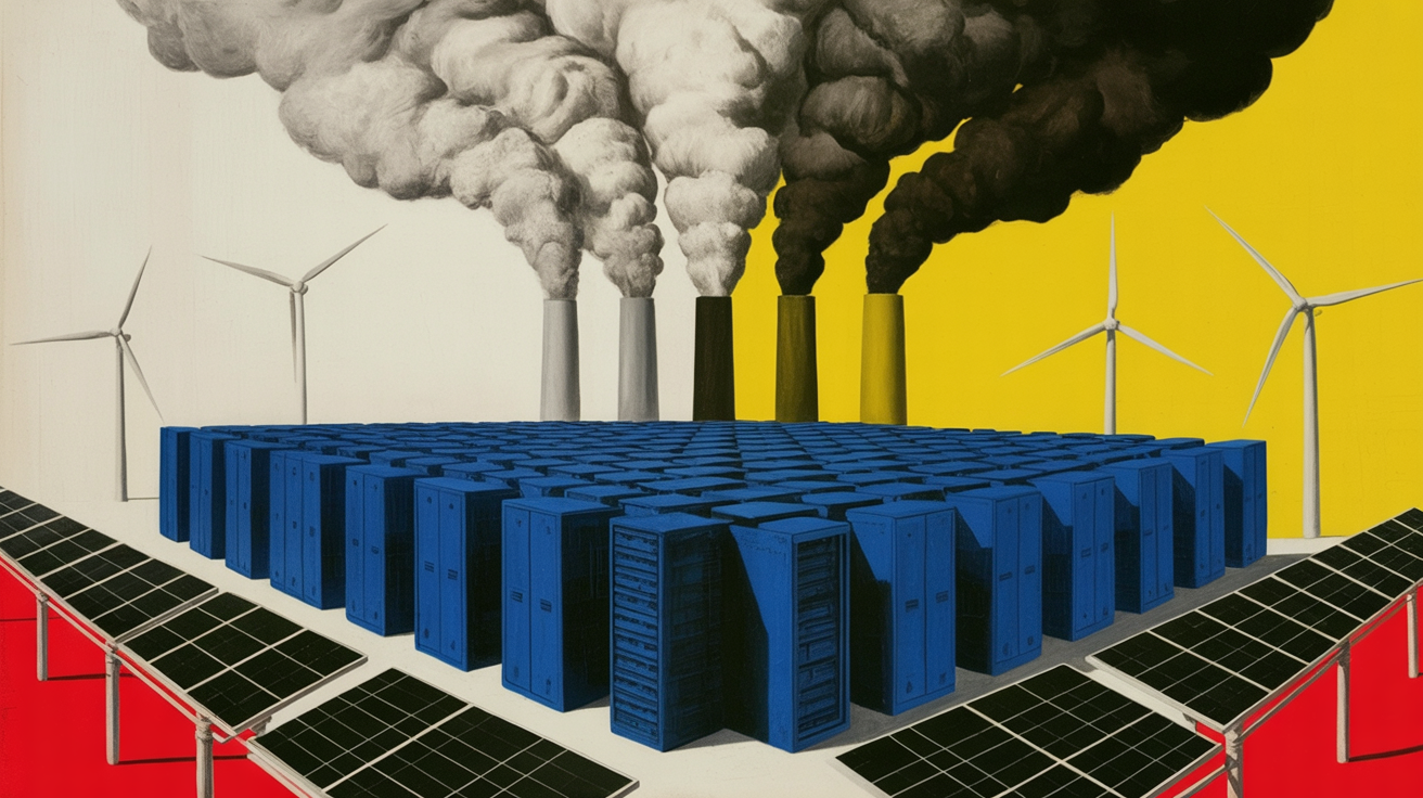 A data-center server farm ringed by wind turbines and solar panels while smokestacks billow dark emissions overhead -- AI funding clean energy then burning it