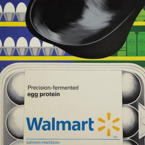 Vials of precision-fermented egg white protein beside conventional eggs in a lab setting