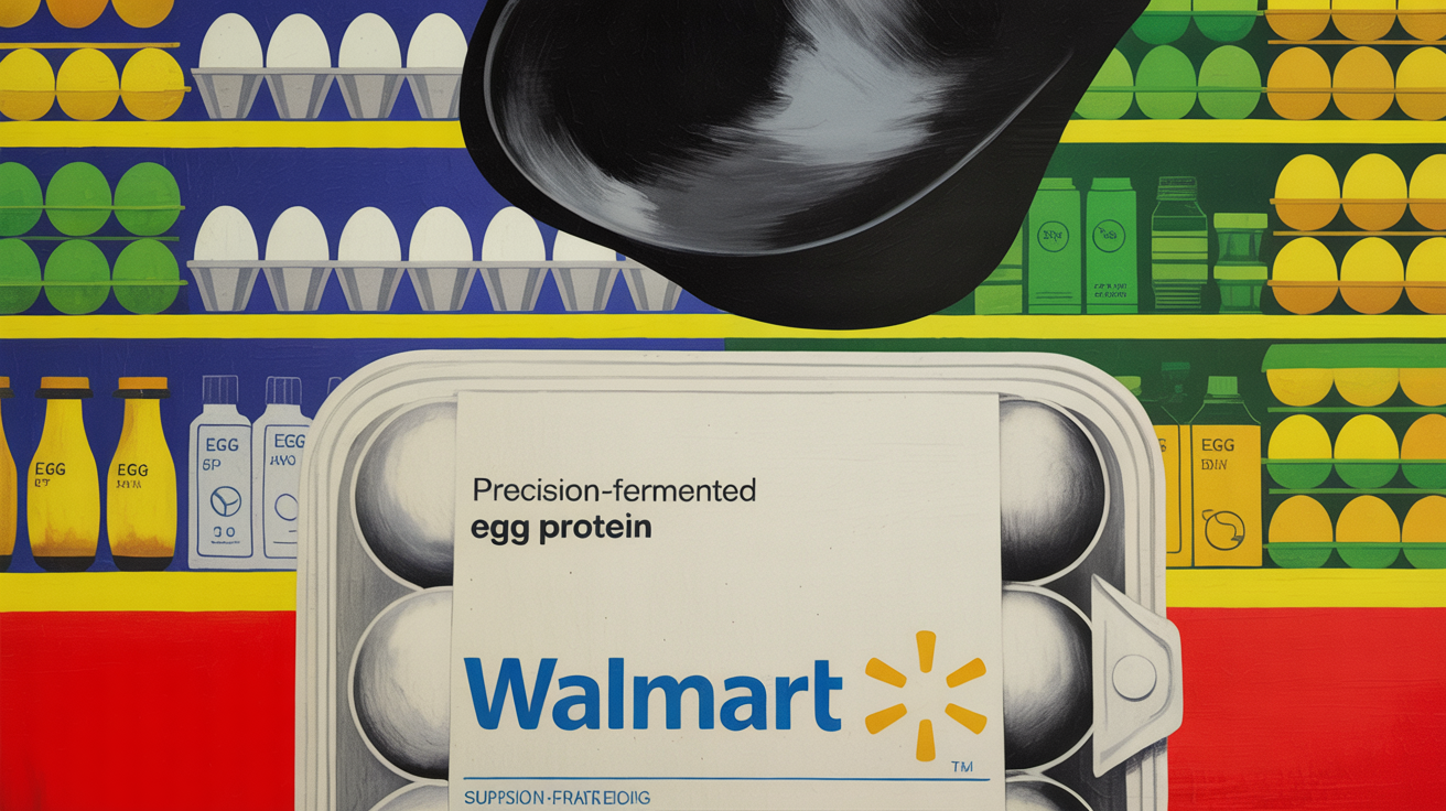Vials of precision-fermented egg white protein beside conventional eggs in a lab setting