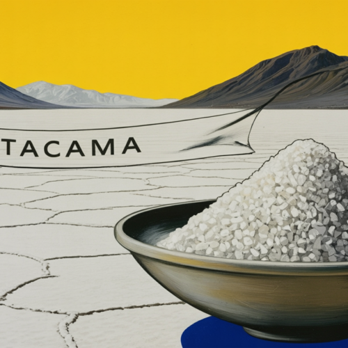 A bowl of coarse white sea-salt crystals against the cracked-white Atacama salt flat, a naturally low-sodium Atacama sea salt