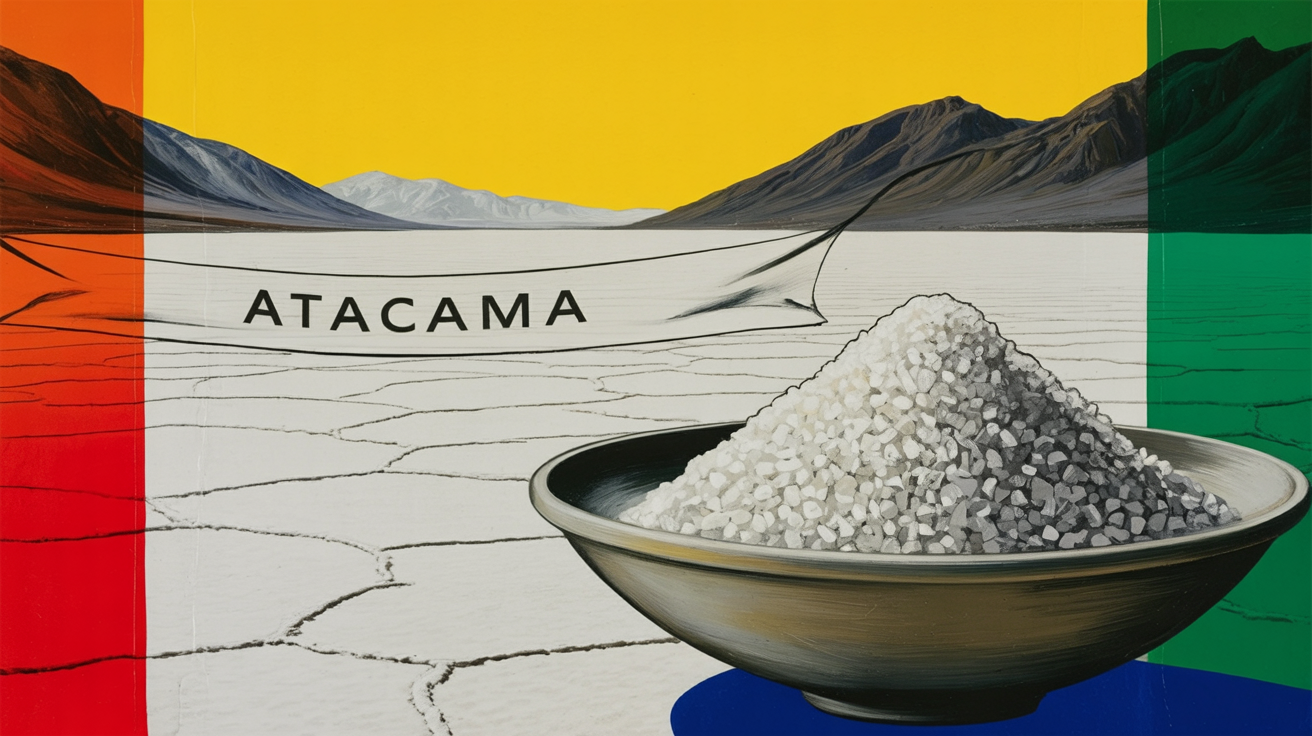 A bowl of coarse white sea-salt crystals against the cracked-white Atacama salt flat, a naturally low-sodium Atacama sea salt