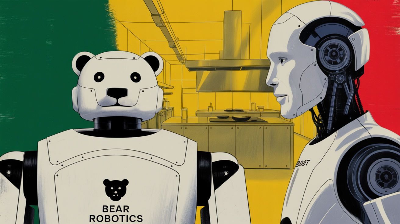 Bear Robotics humanoid robot standing in a commercial food service environment