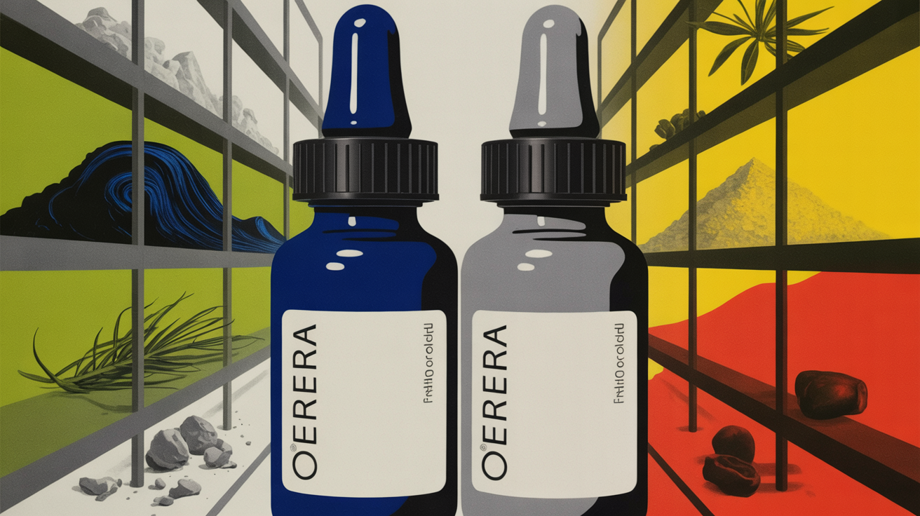 Natural blue and white food colorings displayed alongside plant-based source ingredients