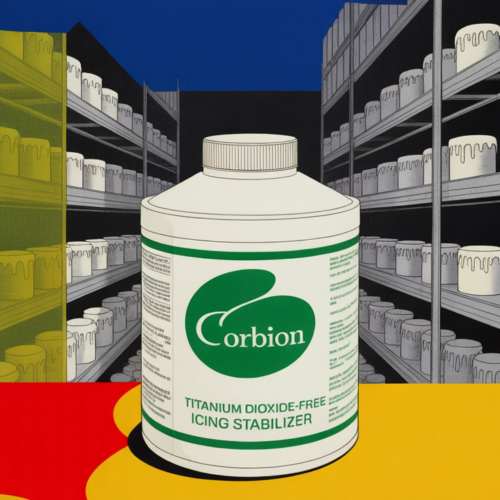 Commercial icing stabilizer product from Corbion displayed in bakery manufacturing setting.