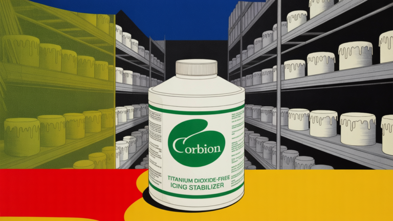 Commercial icing stabilizer product from Corbion displayed in bakery manufacturing setting.