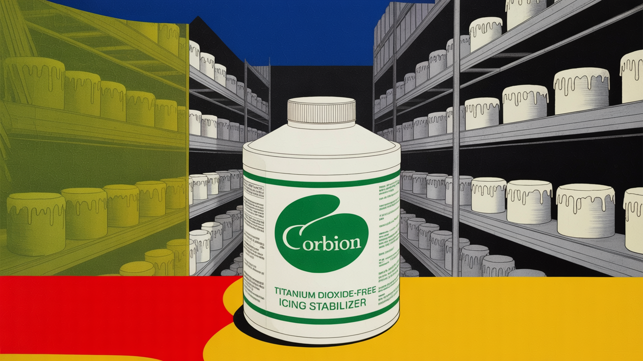 Commercial icing stabilizer product from Corbion displayed in bakery manufacturing setting.