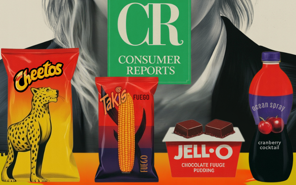 Editorial illustration of the Consumer Reports CR seal at center with Cheetos Flamin Hot, Takis Fuego, Jell-O Chocolate Fudge Pudding, and Ocean Spray Cranberry Cocktail arranged below it