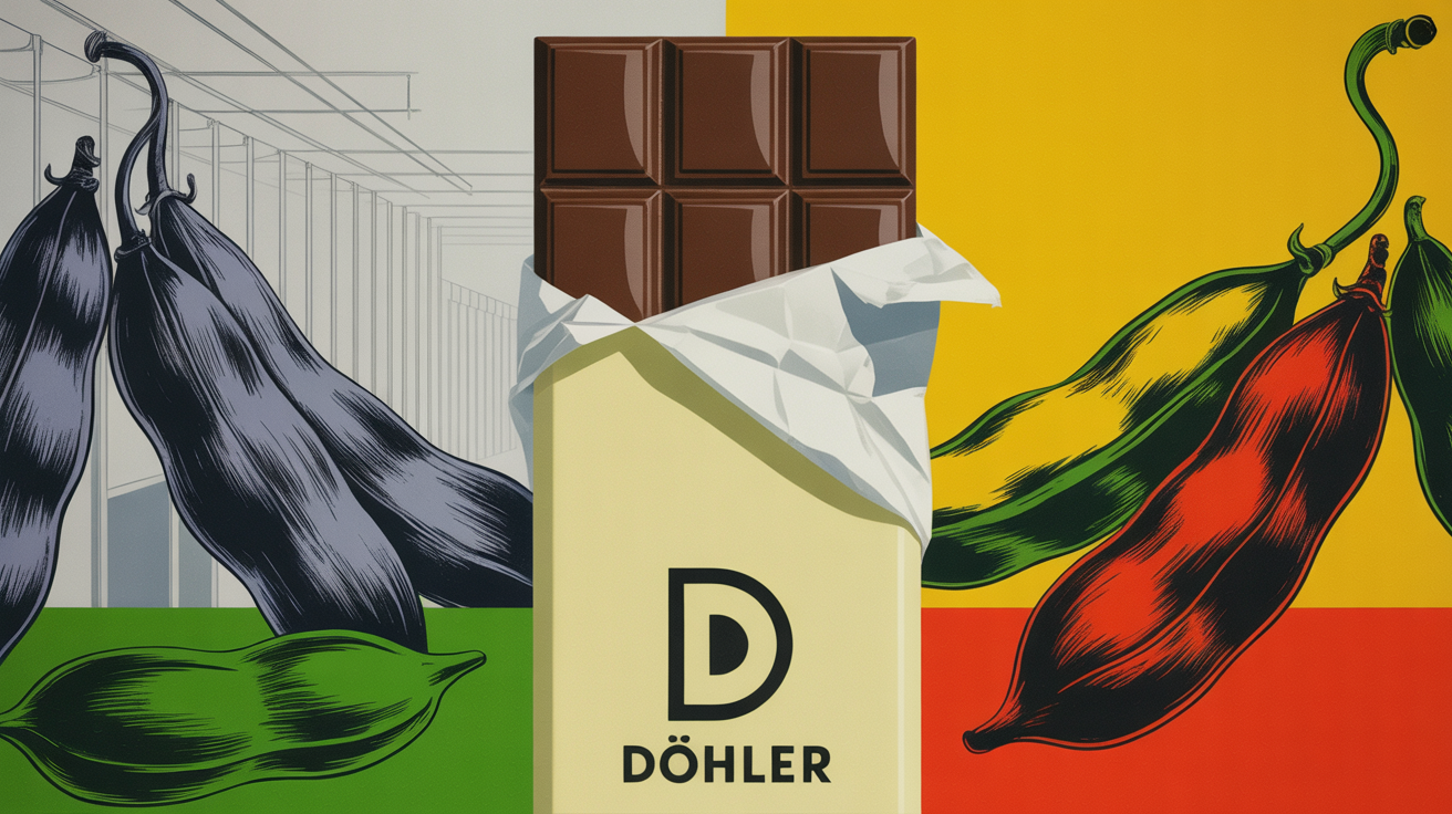 Fava beans beside cocoa-free chocolate bars on a wooden surface