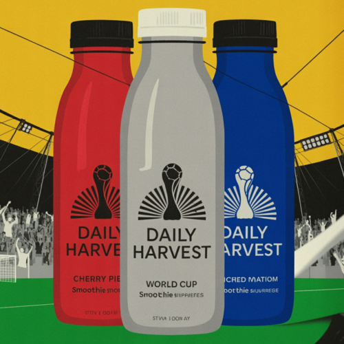 Three Daily Harvest World Cup smoothie cups representing US, Canada, and Mexico flavors