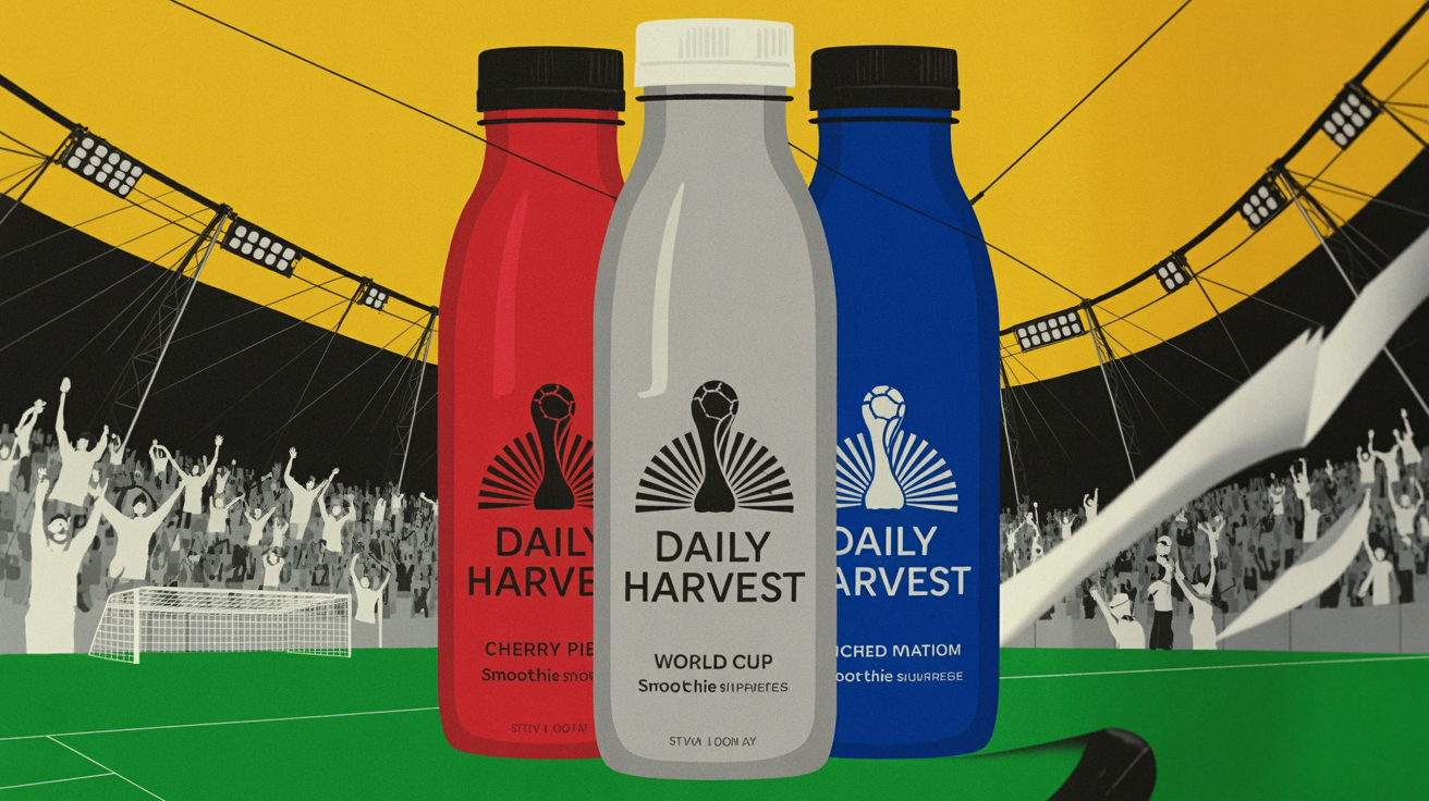 Three Daily Harvest World Cup smoothie cups representing US, Canada, and Mexico flavors