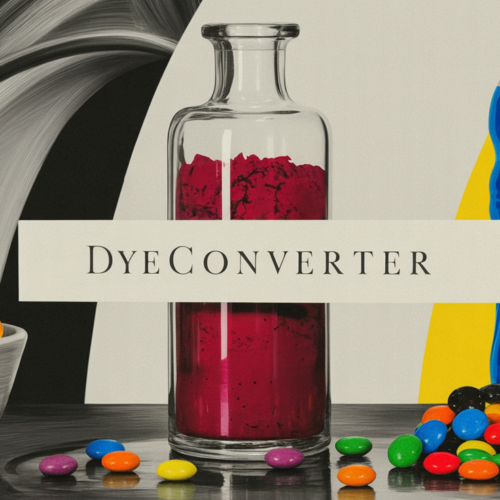 DyeConverter pigment vial flanked by Froot-Loop-style cereal, an electric-blue sports drink, and scattered candy gems -- editorial still life of the synthetic-dyed consumer foods natural color science is built to replace