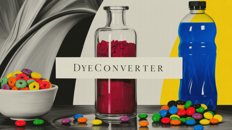 DyeConverter pigment vial flanked by Froot-Loop-style cereal, an electric-blue sports drink, and scattered candy gems -- editorial still life of the synthetic-dyed consumer foods natural color science is built to replace