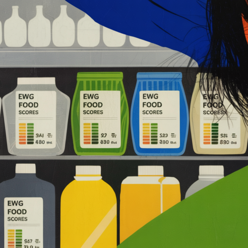 Shopper scanning grocery product using EWG Food Scores clean label database on phone