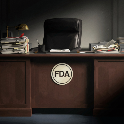 An empty FDA commissioner’s chair behind a desk piled with untouched regulatory files, a clean FDA seal on the desk front, symbolizing a food-safety leadership vacuum