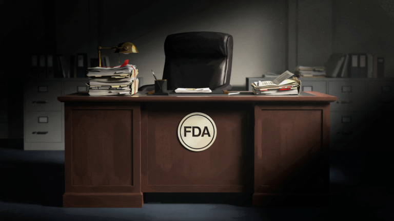 An empty FDA commissioner’s chair behind a desk piled with untouched regulatory files, a clean FDA seal on the desk front, symbolizing a food-safety leadership vacuum