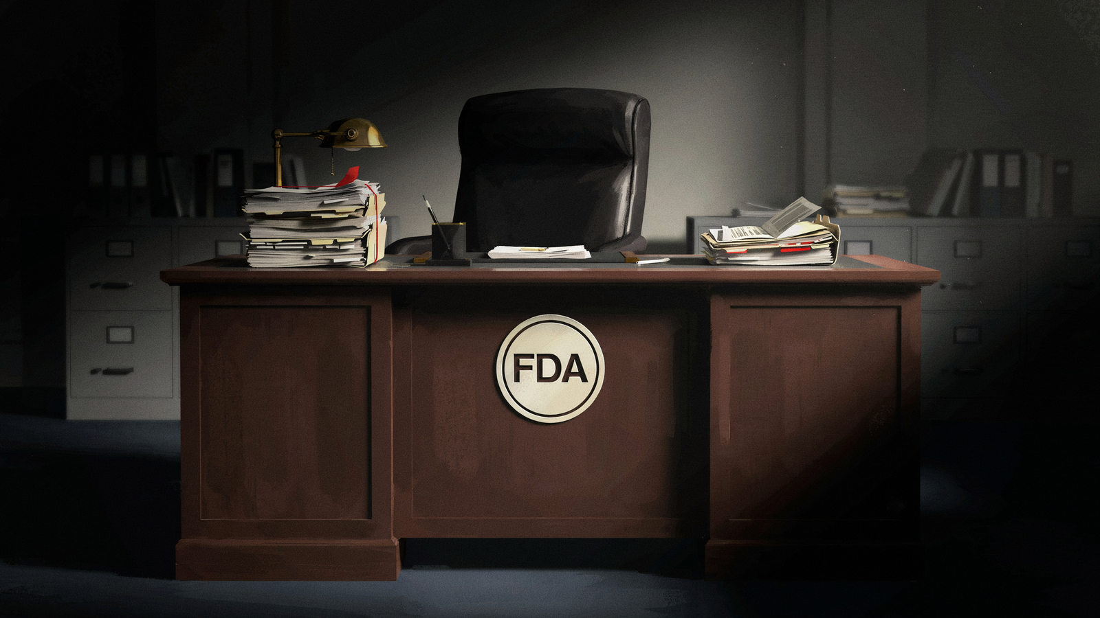 An empty FDA commissioner’s chair behind a desk piled with untouched regulatory files, a clean FDA seal on the desk front, symbolizing a food-safety leadership vacuum